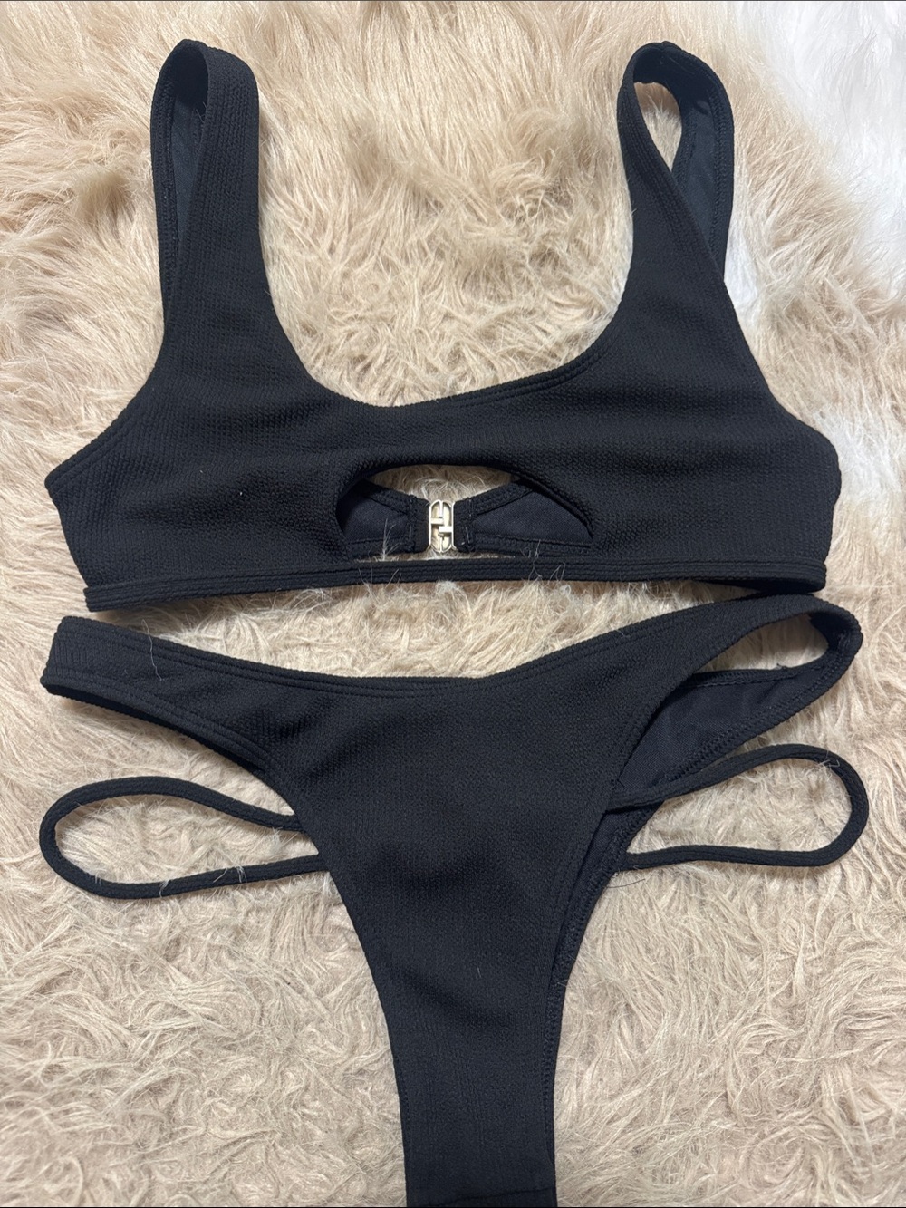 Black Ribbed Cutout Bikini Set - Women Swim